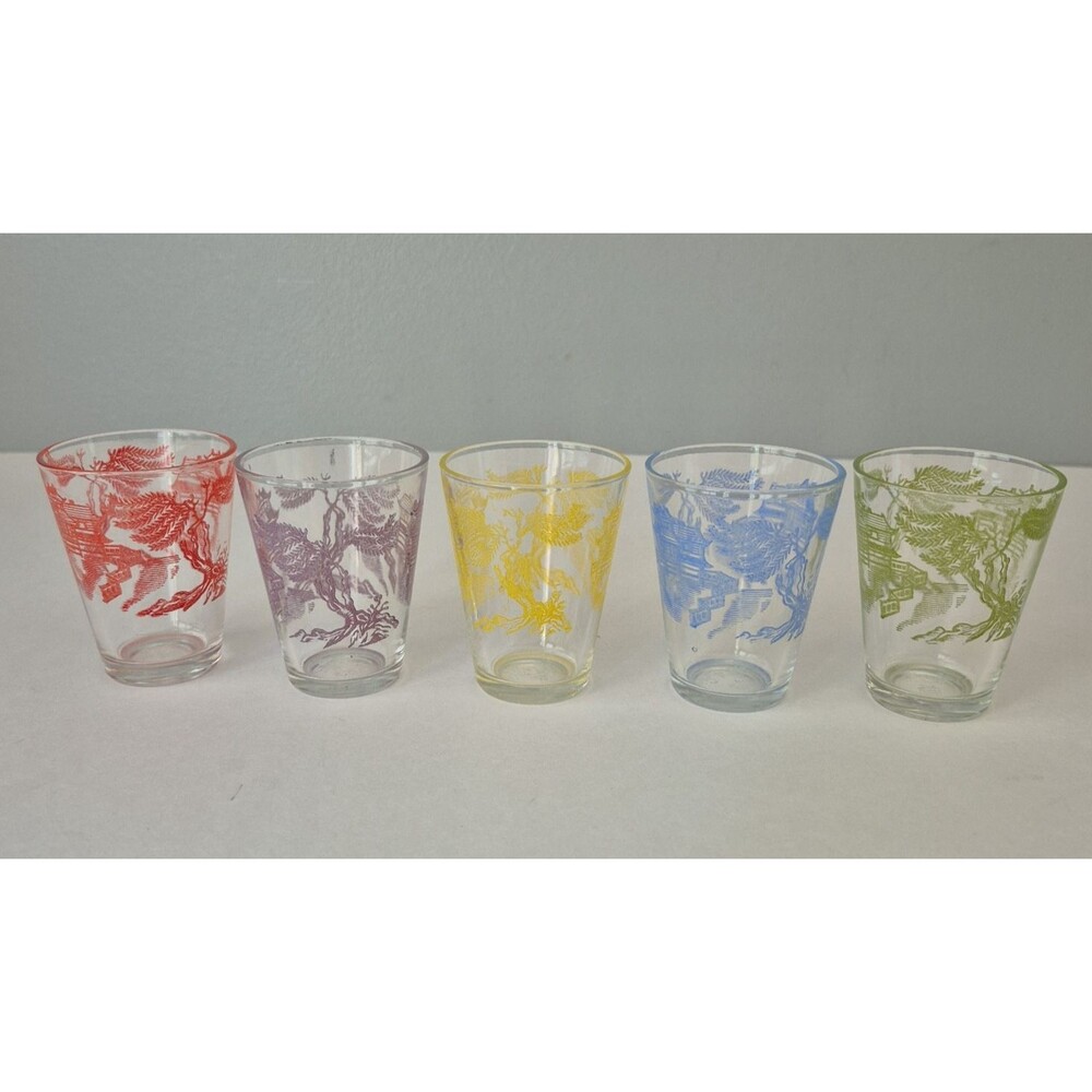 Federal Glass VTG Set of 5 Asian Pagoda Blue Willow Landscape MCM Shot Glasses